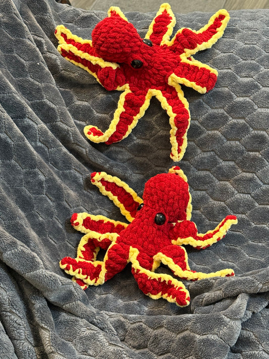 Soft Red And Yellow Octopus Stuffed Animal– Handmade Crochet Octopus Plushie for Ocean Lovers & Soft Toy Collectors.