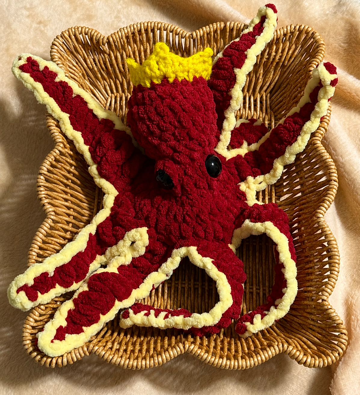 King PlJet: Red And Yellow Octopus Stuffed Animal– Handmade Crochet Octopus Plushie for Ocean Lovers & Soft Toy Collectors.