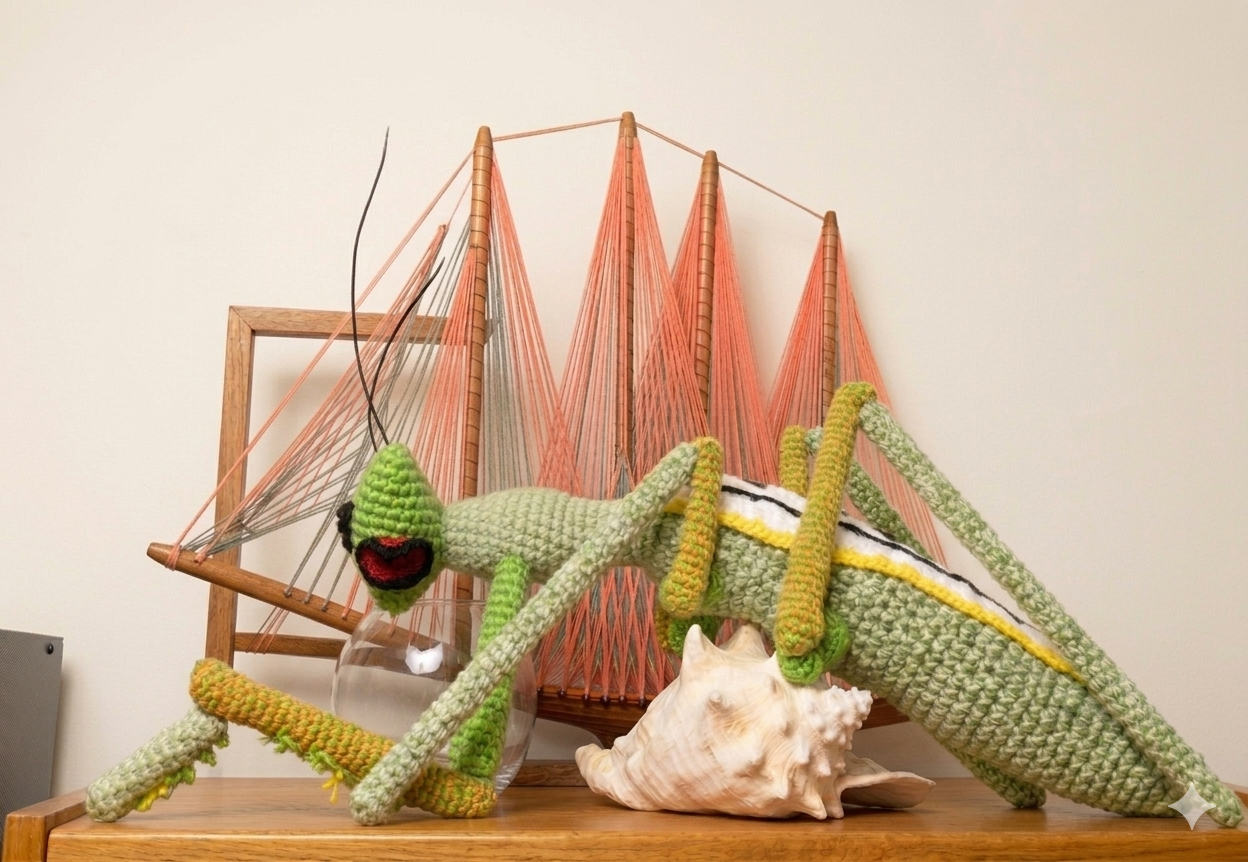 A large, bright green praying mantis sitting on a wooden shelf. Its legs are articulated and it has large red eyes.