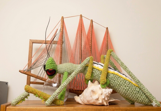 A large, bright green praying mantis sitting on a wooden shelf. Its legs are articulated and it has large red eyes.
