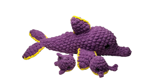 Big 18" Purple Dolphin Plushie with 2 Baby Dolphins – Handmade Stuffed Animal Sea Creatures for Kids